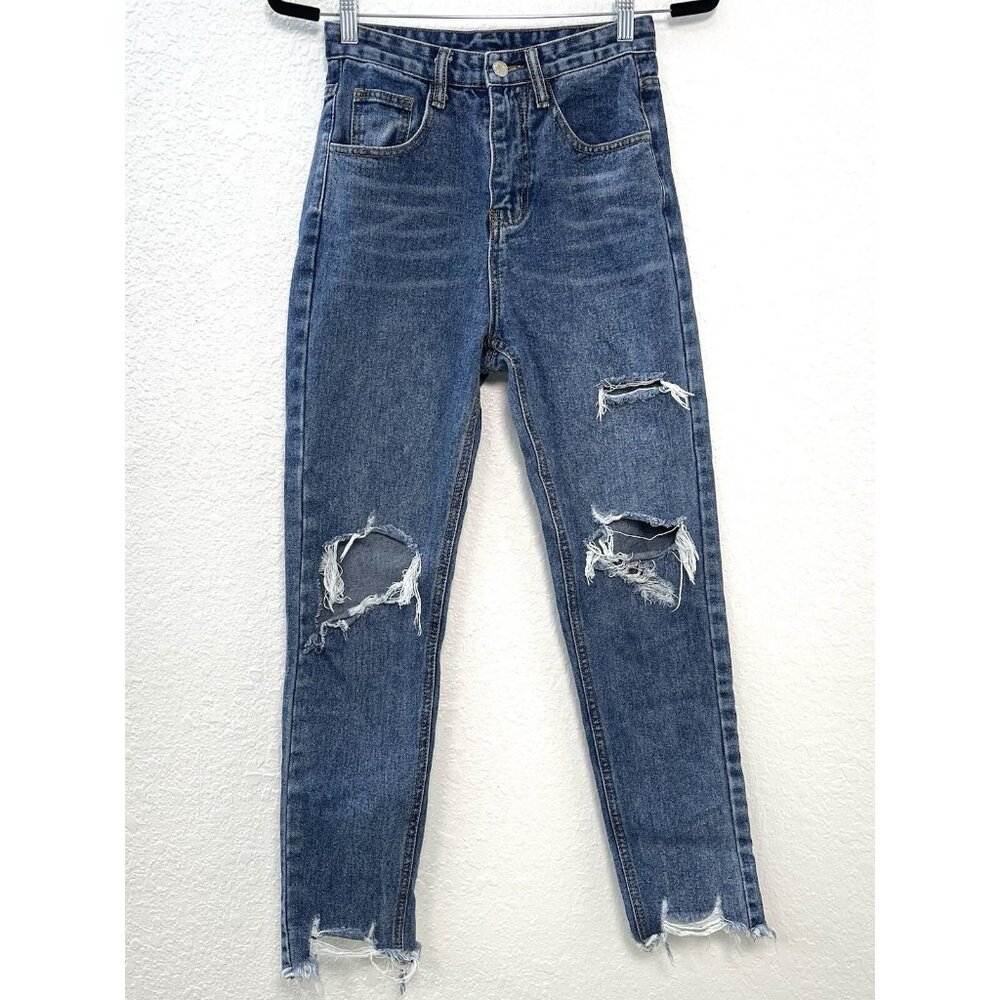 SHEIN Womens XS High-Rise Ankle Distressed Medium Wash Denim Mom JEANS EUC